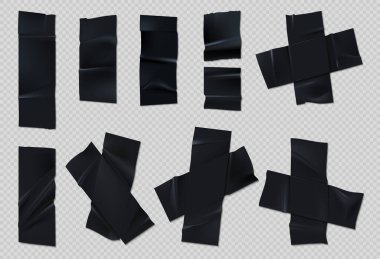 Siyah yapıştırıcı bant. Şeffaf arka planda kırışıklıklar olan gerçekçi bir viski. Yırtık kenarlı yapışkan bant parçaları vektör kümesi