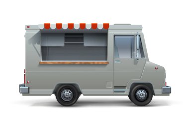 Yemek kamyonu. Gerçekçi dondurma modeli ya da açık pencereli sokak yemekleri karavanı. Tekerlekli matara beyaza izole edilmiş. Vektör kargo aracı