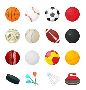 Oyun topları. Futbol basketbol hokeyi beyzbol maçları için düz spor ekipmanları. Beyazda izole edilmiş spor topları kümesi