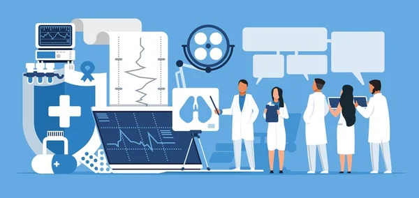 Concepto de farmacia. Personajes de dibujos animados de moda médicos y enfermeras con medicina y prescripción médica. Pacientes y medicamentos vectoriales — Vector de stock