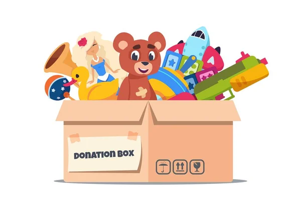 Caja de juguetes de donación. Envases de cartón con cuidado social y soporte para niños puros. Vector caridad voluntaria y ayuda para los niños — Archivo Imágenes Vectoriales