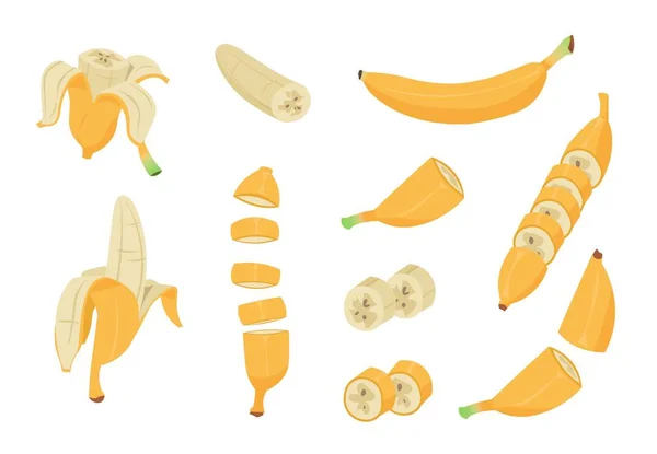 Banane de desene animate. Fructe tropicale sănătoase, coaja de banane, elemente de design unic și decojit clip art. Vector vegan nutriție set izolat — Vector de stoc