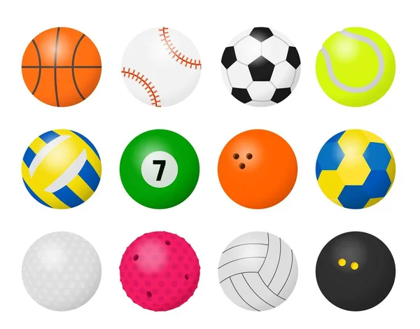 Bolas desportivas. Equipamento de desenhos animados para jogar jogos de esporte, futebol basquete de voleibol e rugby bolas de jogo —  Vetores de Stock