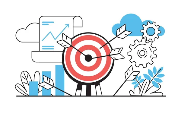 Target with arrows. Business challenge with goals and achievements, project strategy concept. Vector illustration with arrows hitting target — 스톡 벡터