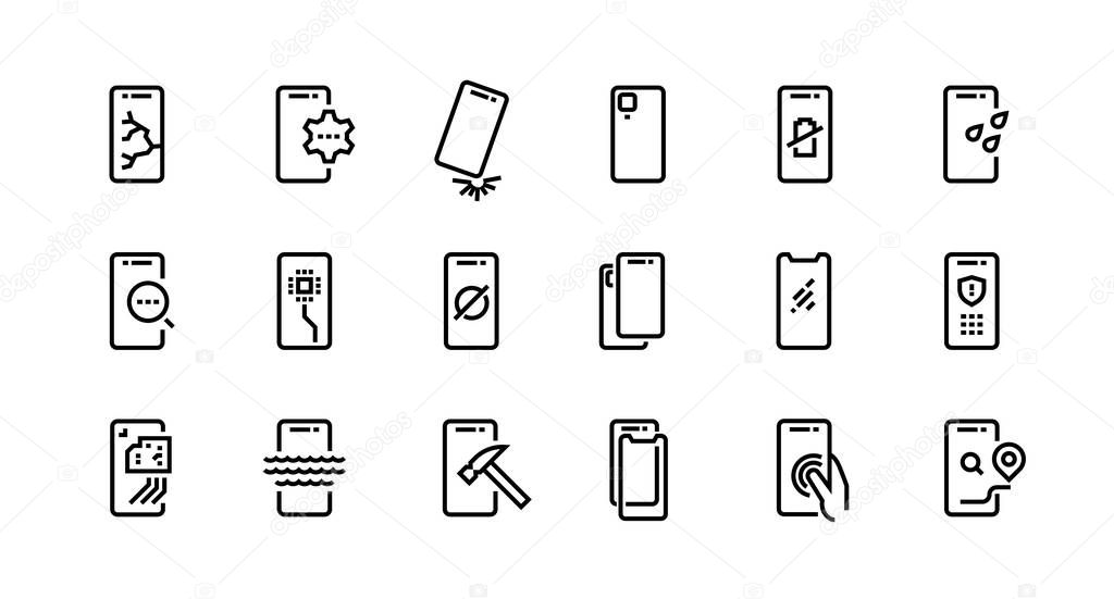 Smartphone repair icons. Dropped phone with cracked screen, broken tempered glass protection, water resistance. Vector set