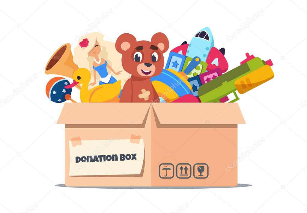 Donation toy box. Cardboard containers with social care and support for pure kids. Vector volunteer charity and help for children