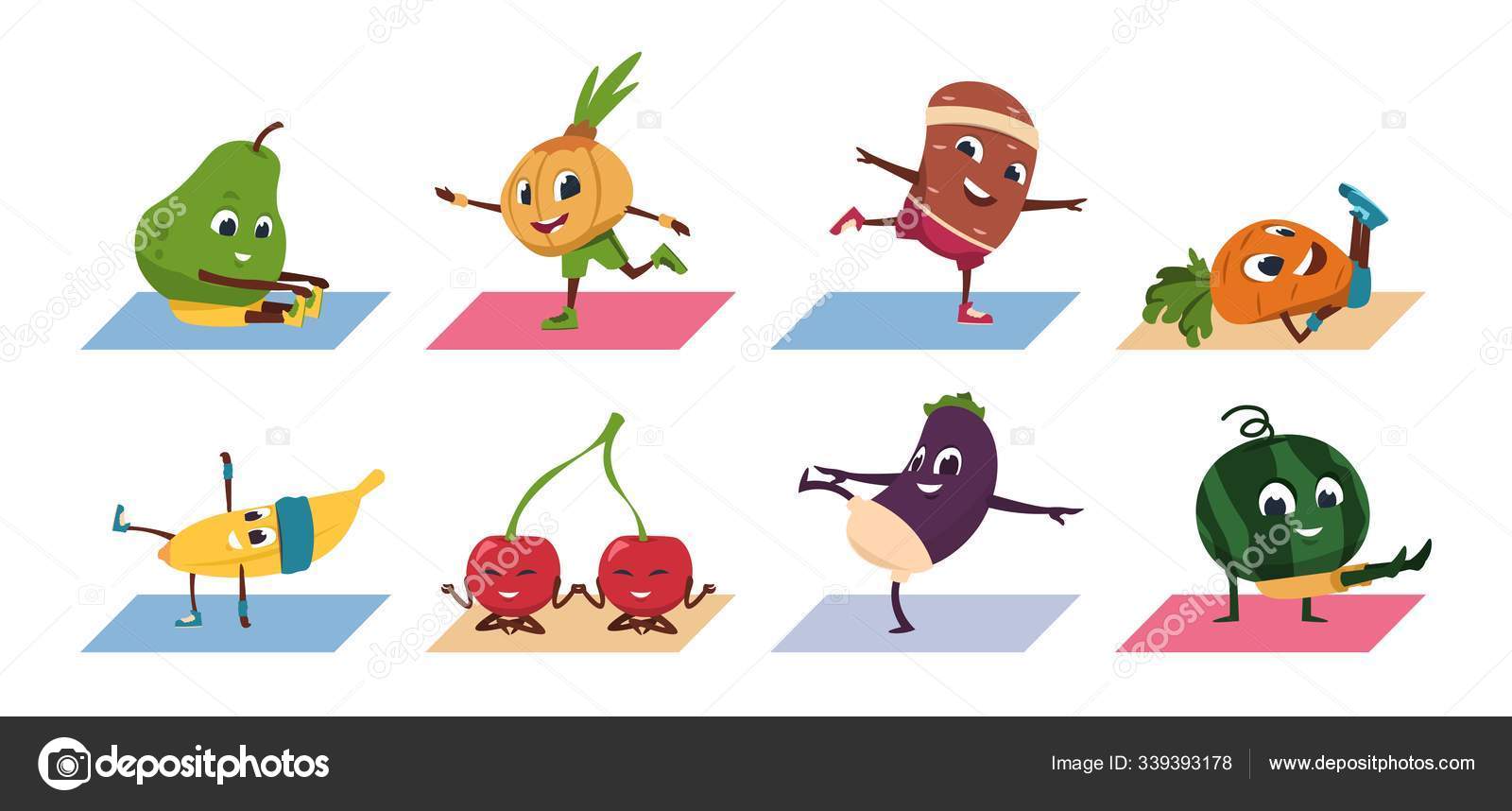 Fruit yoga. Cartoon vegetable funny characters doing yoga poses and