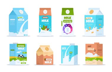 Süt kutusu. Bademli organik soya ve laktozsuz süt içeren çizgi film yiyecek kapları. Vejetaryen sütü için vektör seti