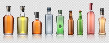 Gerçekçi alkol şişeleri. Viski, tekila, vermut ve diğer alkollü içecekler için şeffaf cam kaplar. Vektör izole edildi