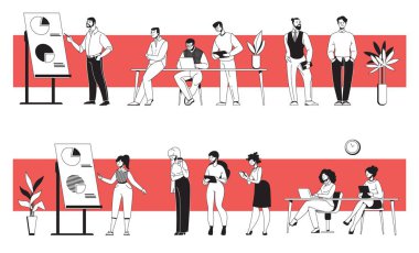 Ofisteki iş adamları. Genç erkek ve kadınlar sunum, toplantı ve birlikte çalışma konularını tartışıyor. Vektör karikatür ofisi kişileri