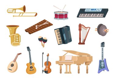 Çizgi film enstrümanları. Akustik, elektrik, telli ve piyano, gitar ve davullu rüzgar müzik aletleri. Vektör izole edildi