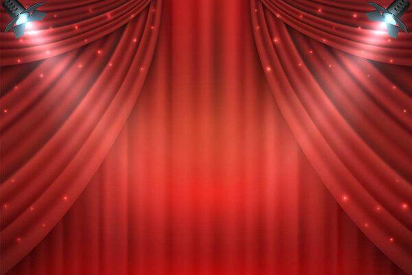 Theater curtains background. Realistic red drapes, 3D realistic movie award stage. Vector entertainment shows premiere template