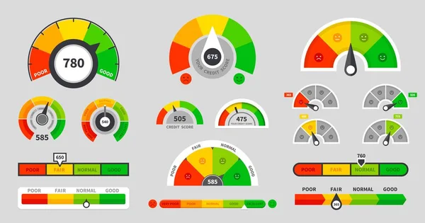 Indicadores de puntaje. Indicador de nivel. Medidor de calificación de mercancías del velocímetro. Ilustración vectorial — Vector de stock