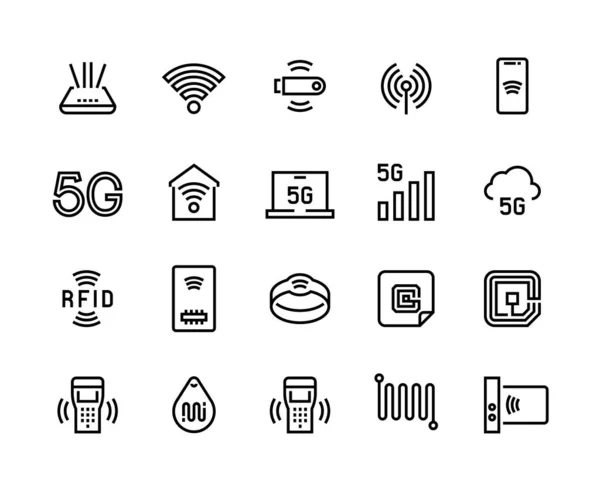 Icone della linea WiFi. 5G Tecnologia wireless e tag di identificazione a radiofrequenza, router WiFi e simboli del circuito elettrico. Set vettoriale — Vettoriale Stock
