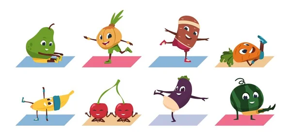 Yoga aux fruits. Personnages drôles de légumes de bande dessinée faisant des poses de yoga et des exercices sportifs, des aliments sains et des séances d'entraînement de fitness. Ensemble vectoriel — Image vectorielle