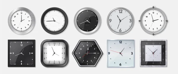 Reloj realista. Relojes de oficina cuadrados y redondos de metal y plástico con esferas y biseles en blanco y negro. Relojes de pared vectorial con flechas de hora y minuto — Vector de stock