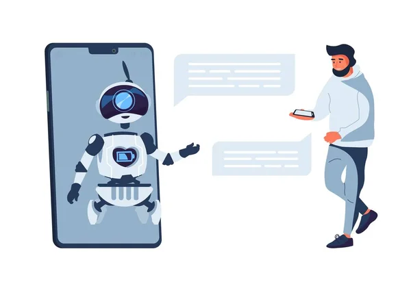 Concepto de chatbot. Chat bot de atención al cliente. Inteligencia artificial. Servicio de ayuda en línea. Ilustración plana del vector — Archivo Imágenes Vectoriales