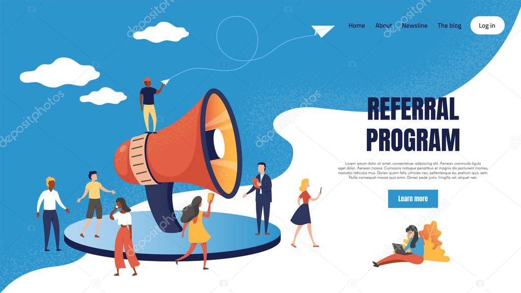 Referral marketing landing page. Loudspeaker business announcements of referral customer loyalty program. Vector web page