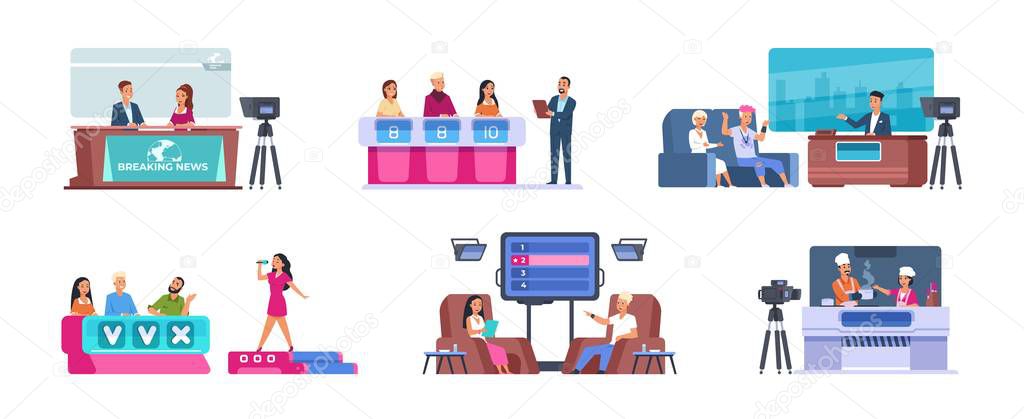 Television show. Cartoon entertainment TV with news, talent singer with jury, cooking, evening show and quiz. Vector set
