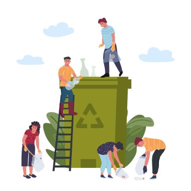 Recycling concept. People is engaged in recycling garbage, sorting plastic waste and disposal products. Vector environmental protection concept
