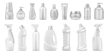 Realistic dispenser. Cosmetic containers and white blank cleaner bottles, 3D isolated toilet and bath household chemicals. Vector detergents