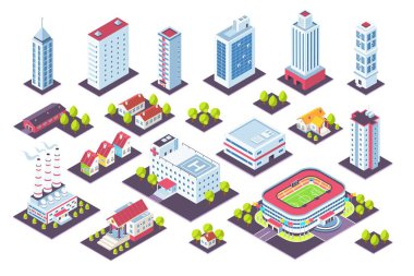 Isometric buildings set. City houses and industrial constructions, 3D factory offices cottage museum. Vector real estate set