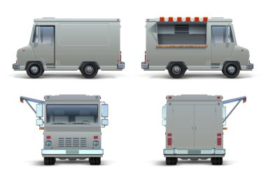 Food truck mockup. Realistic delivery car or mobile kitchen with open window for brand identity. Vector blank isolated set of street food truck
