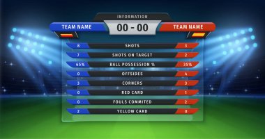 Football scoreboard. Soccer cup statistics of teams, championship or sport match information table on vector background of football stadium. Sport league lineup