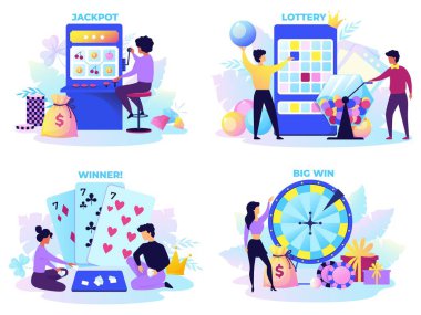 Flat lottery. Cartoon bingo game scenes with happy characters, lotto spinner, fortune wheel and gambling machine. Vector set