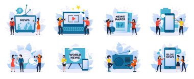 News and journalism. News reporters and talk show hosts cartoon characters, scenes for online newspaper and mass media. Vector scene set