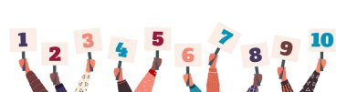 Male and female hands holding signs with amount of scores. Votes of judges. Vector signs with different numbers
