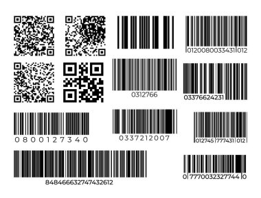 Barcode and QR code set. Scan bar industrial or supermarket label. Vector scanning barcode sign