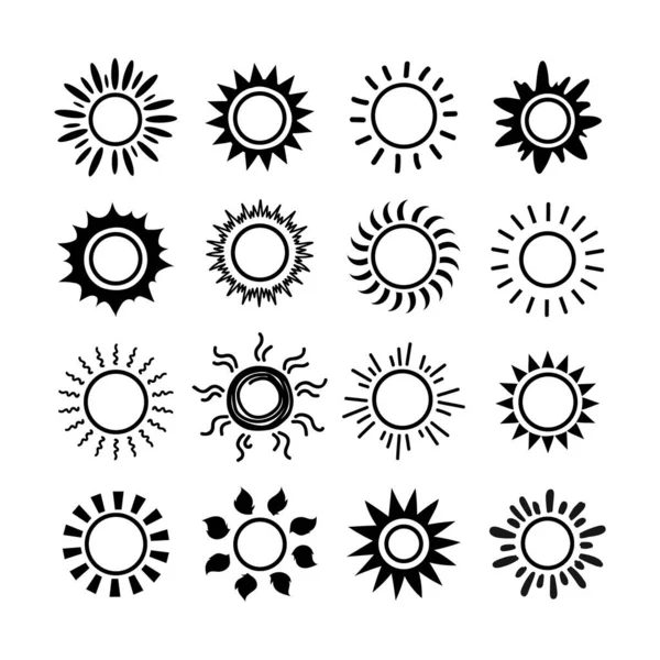 Ikona symbolu słońca ustawiona. Letni wiosenny promień słoneczny znak. Pogoda jasne światło słoneczne ikony ilustracji. Wektorowe logo wschodu słońca na białym tle — Wektor stockowy