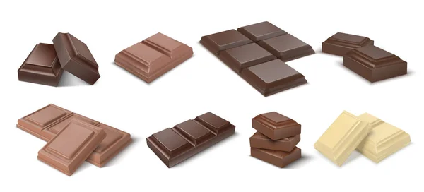 Chocoladestukjes. Realistische donkere repen en brokken melkchocolade, 3d blokken cacao dessert. Vector vierkante chocolade snacks en snoepjes — Stockvector