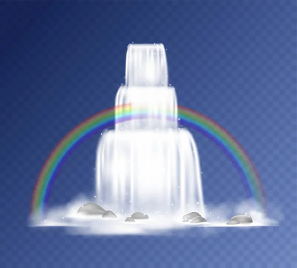 Wasserfall. realistisch fallendes Wasser mit Nebel, Spritzern, Bergfelsen und Regenbogen. Vektor-Wasserfall isoliert auf transparentem Hintergrund — Stockvektor