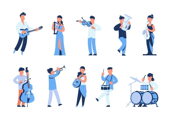 Cartoon musicians. Men and women playing musical instruments, street musicians and orchestra members. Vector symphony band set — Stock vektor