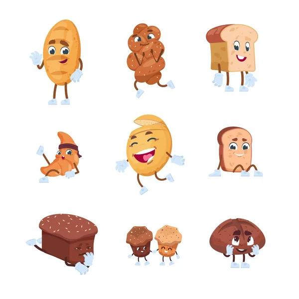 Personagens de pão. Desenhos animados personagens bonitos de biscoitos croissant baguete e pastelaria, pessoas café da manhã com rostos engraçados. Conjunto de vetores — Vetor de Stock