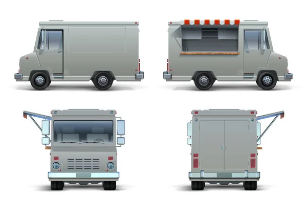 Food truck mockup. Realistic delivery car or mobile kitchen with open window for brand identity. Vector blank isolated set of street food truck — ストックベクタ