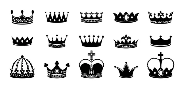 Crown silhouette icon set. Collections of queen tiara. Emperor crowns silhouette. King diamond coronation crowning. Vector corona isolated on white — 스톡 벡터
