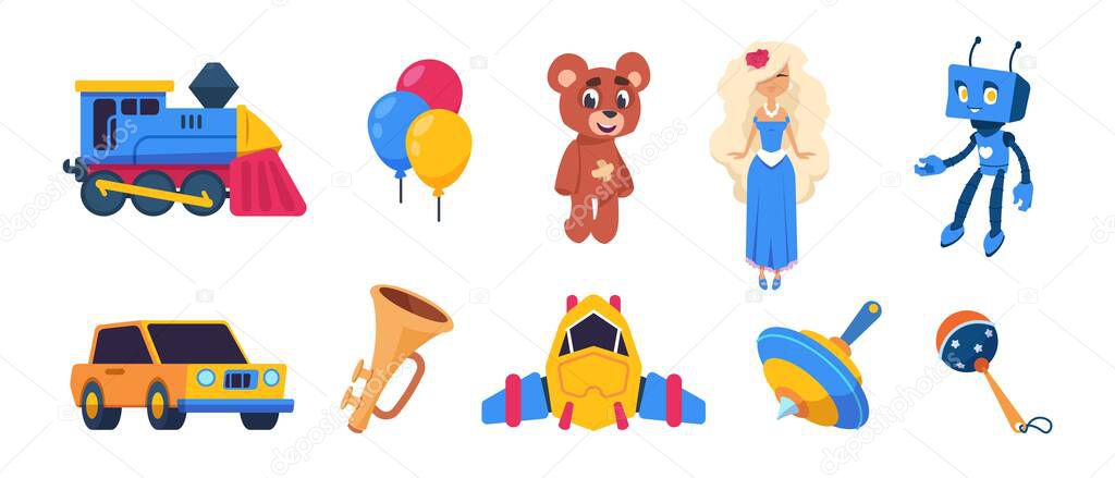 Cartoon toys. Cute baby dolls, colored balloons, spaceship car train transport toys isolated on white background. Vector set flat emblems of kid toy