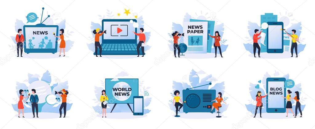 News and journalism. News reporters and talk show hosts cartoon characters, scenes for online newspaper and mass media. Vector scene set