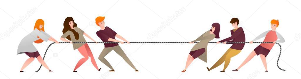 Pull rope. Cartoon group of people compete in contest, workers teams and office persons pulling opposite ends of rope. Vector team competition