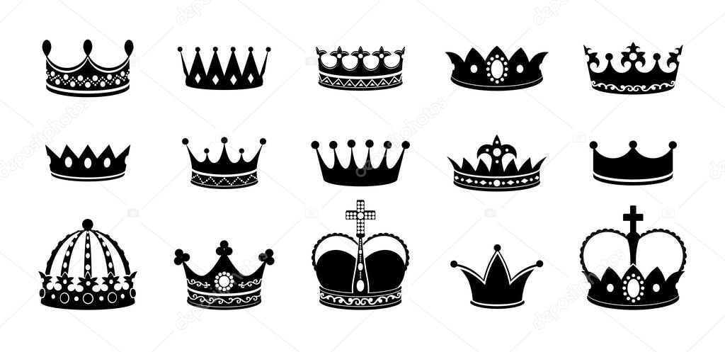 Crown silhouette icon set. Collections of queen tiara. Emperor crowns silhouette. King diamond coronation crowning. Vector corona isolated on white