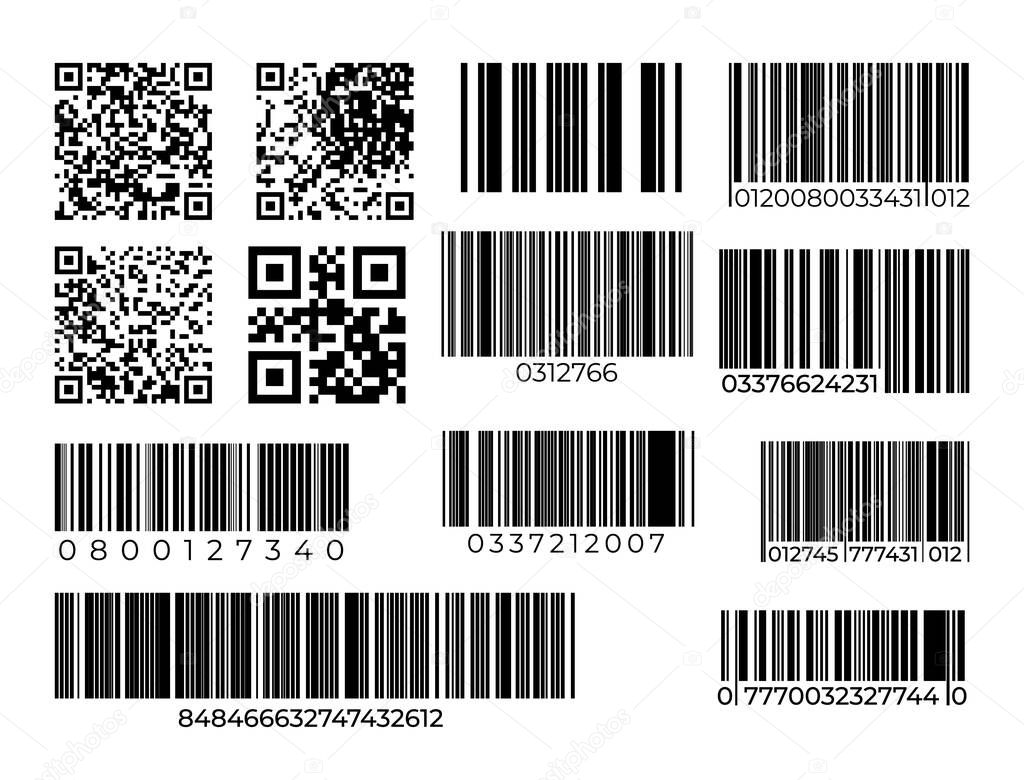 Barcode and QR code set. Scan bar industrial or supermarket label. Vector scanning barcode sign