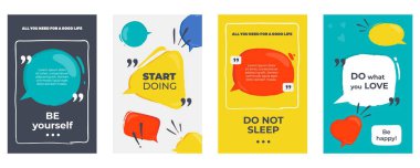 Quote frames. Colored posters with frames and motivation text, dialog and opinion speech bubbles. Vector citation banners clipart