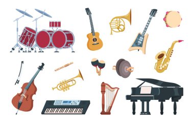 Müzik aletleri. Müzik konserleri ve parti için akustik, elektrik ve perküsyon çizgi film klasik ekipmanları. Vektör caz, folk ve geleneksel set