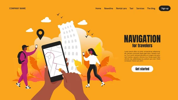 Página de destino de aplicaciones de viaje. Concepto de aplicación Smartphone con mapa y ruta, página web con interfaz de usuario de navegación. Plantilla vectorial — Vector de stock