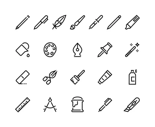 Desenho ícones linha ferramentas. Pincel de caneta de lápis mínimo pincel palete acidente vascular cerebral pictogramas, escrita e arte símbolos de interface web. Conjunto de vetores —  Vetores de Stock