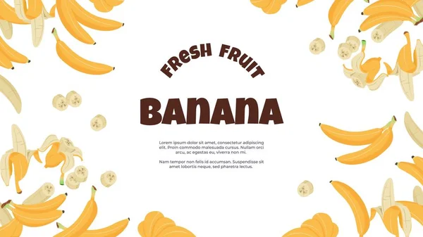 Bandeira de banana. Amarelo cartoon frutas tropicais descascadas e solteiro em flyer plana promovendo nutrição vegan saudável. Cartaz vetorial com bananas — Vetor de Stock