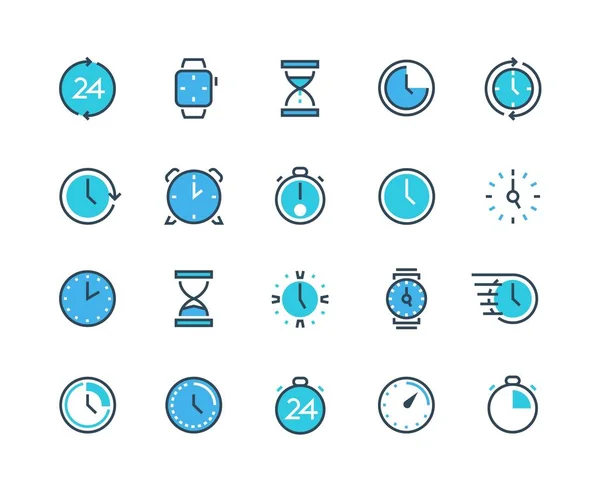 Iconos de reloj y hora. Ver, calendario, alarma y cronógrafo iconos de infografía para la gestión del tiempo y la organización del trabajo. Conjunto de línea vectorial — Vector de stock